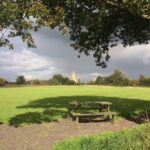 photo of field with tree, table and sugar loaf folly in background